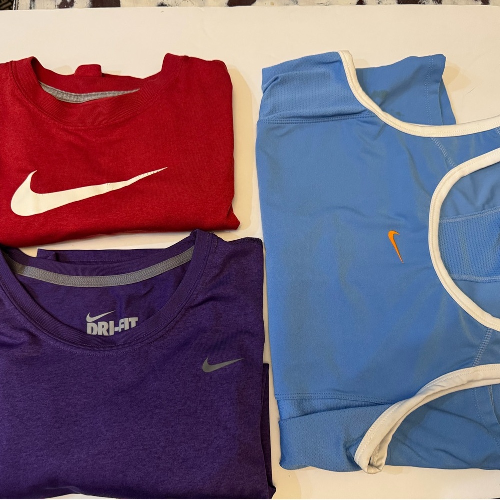 Nike Red, Purple, and Blue Dri-FIT Shirts